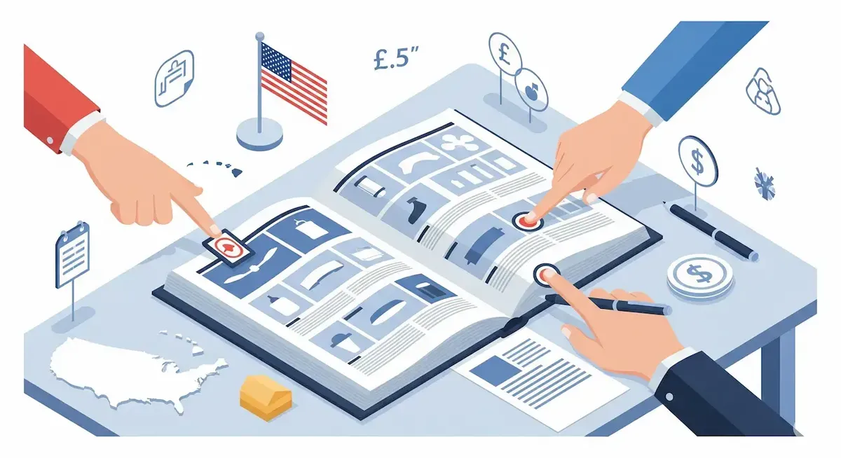 Professional illustration of hands preparing an open product catalog for trade shows in the United States, with references to American measurements and currency.